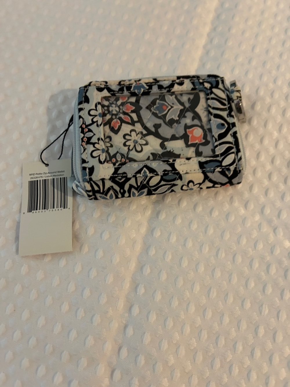 Vera Bradley Black & White Floral Card Wallet with Coral & Light Blue Accents